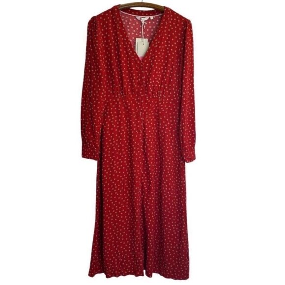 BODEN Elsie Button Red Polka Dot Poinsettia Midi Dress NWT - Picture 2 of 11